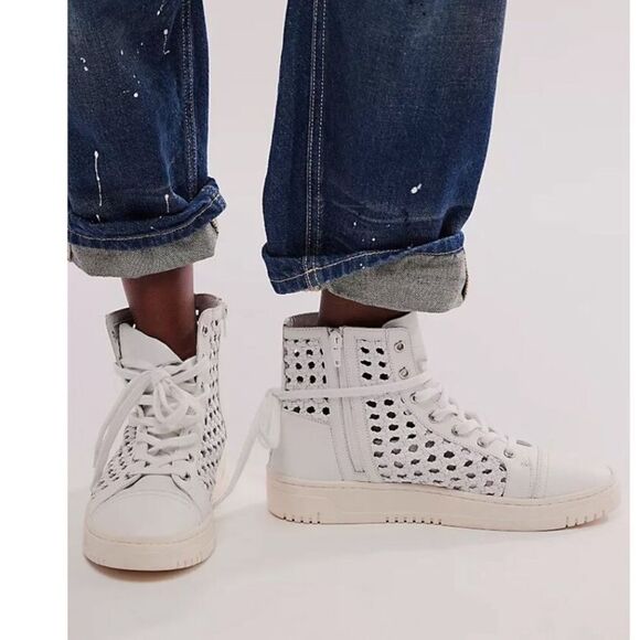 Free People Hayes High Top Sneakers Lace Up Side Zip Woven Ivory White - Picture 1 of 13
